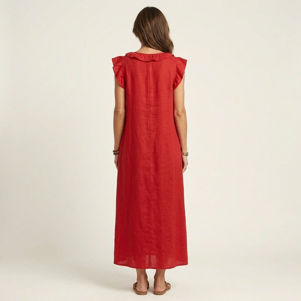 Amina™ Ruffle V-Neck Linen Maxi Dress