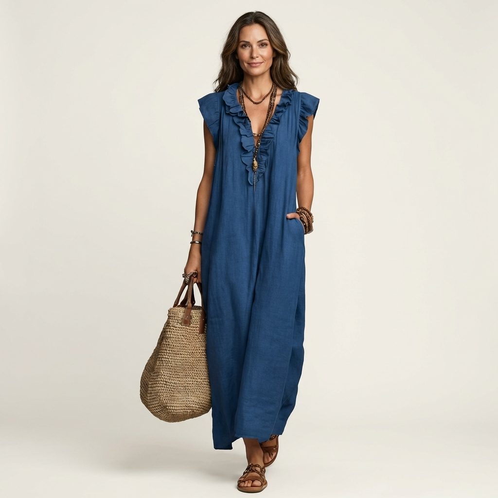 Amina™ Ruffle V-Neck Linen Maxi Dress