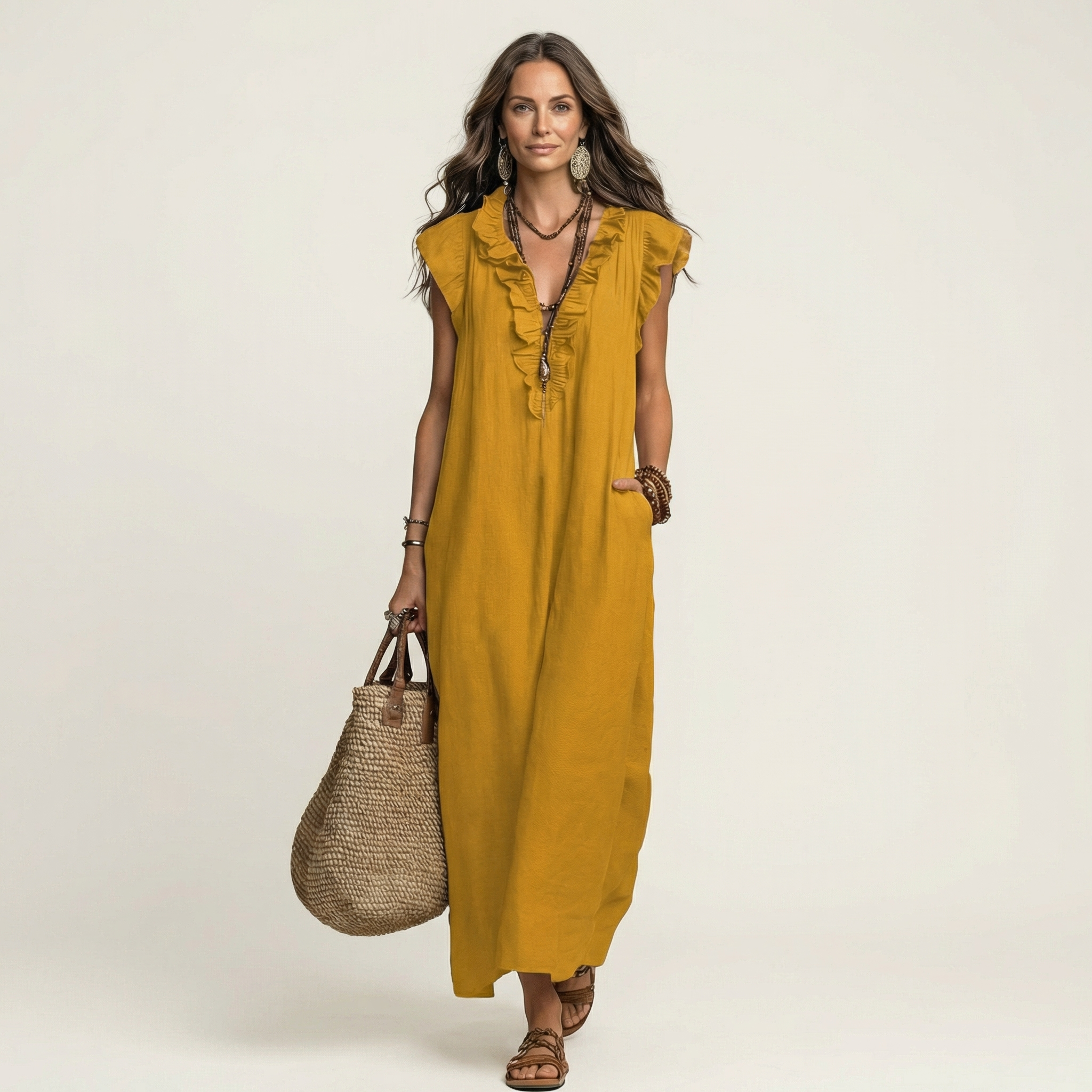 Amina™ Ruffle V-Neck Linen Maxi Dress