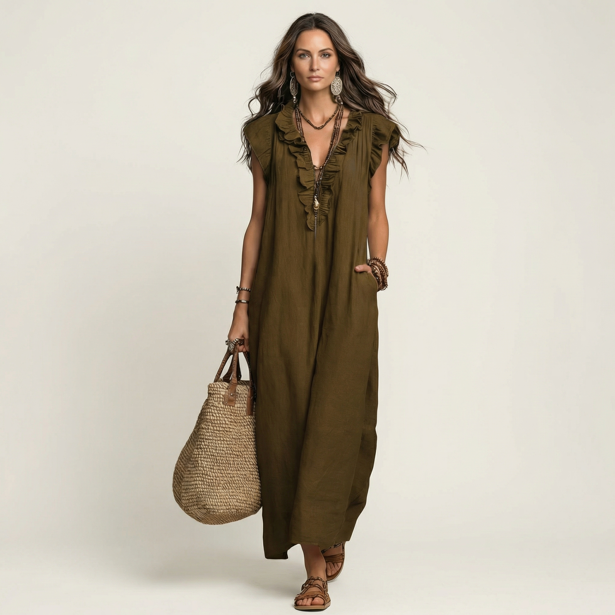 Amina™ Ruffle V-Neck Linen Maxi Dress