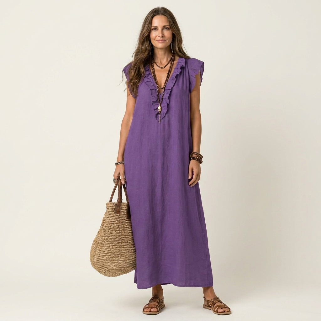 Amina™ Ruffle V-Neck Linen Maxi Dress