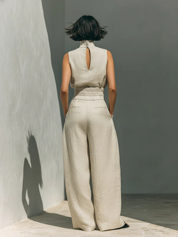 Lynette | High-Neck Cotton Top & Wide-Leg Trouser Set