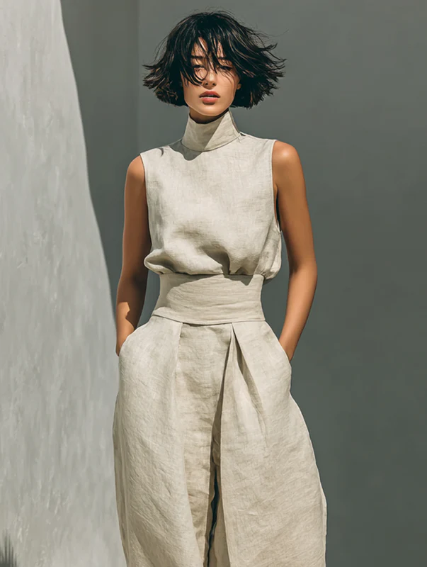 Lynette | High-Neck Cotton Top & Wide-Leg Trouser Set