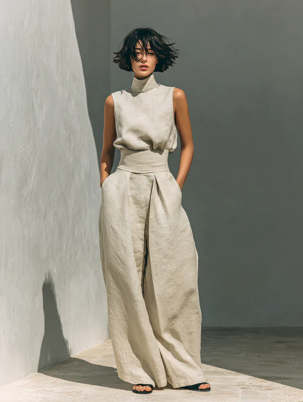 Lynette | High-Neck Cotton Top & Wide-Leg Trouser Set