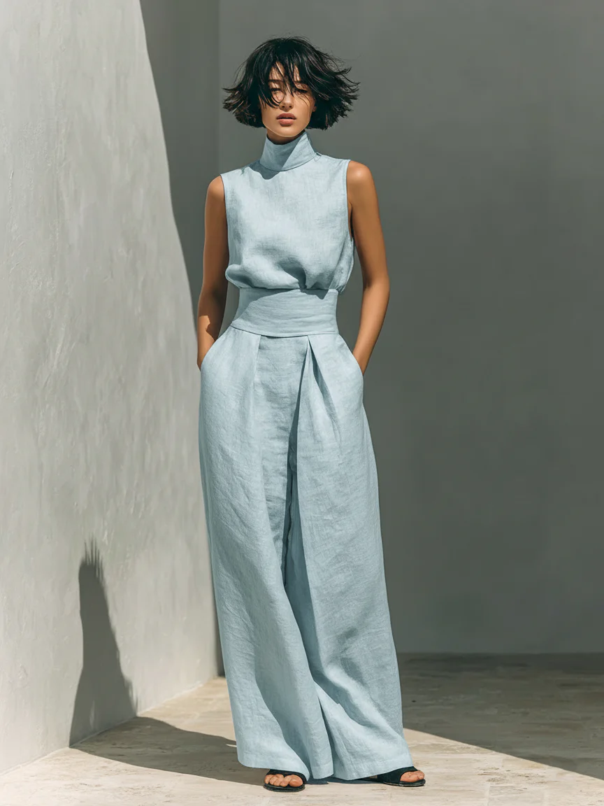 Lynette | High-Neck Cotton Top & Wide-Leg Trouser Set