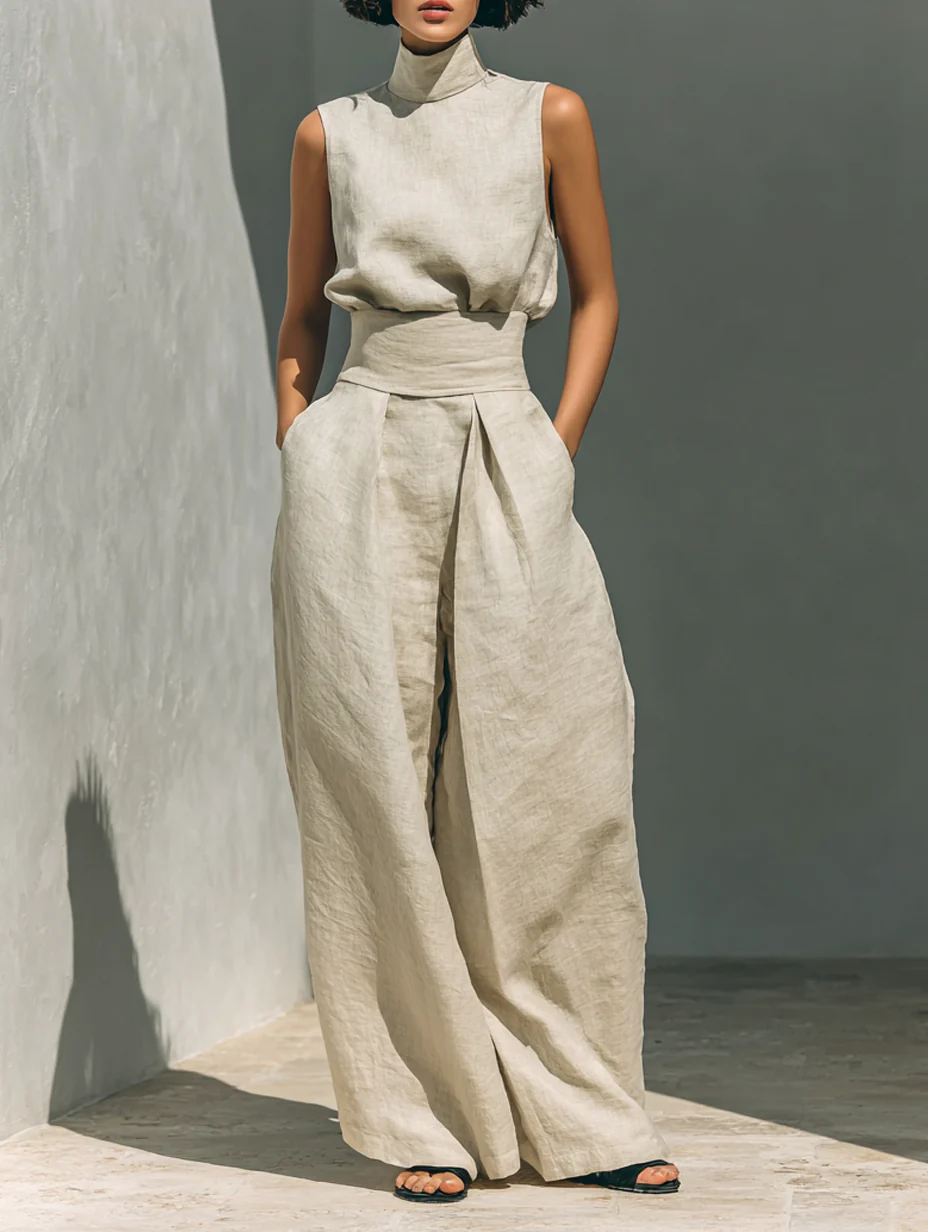 Lynette | High-Neck Cotton Top & Wide-Leg Trouser Set