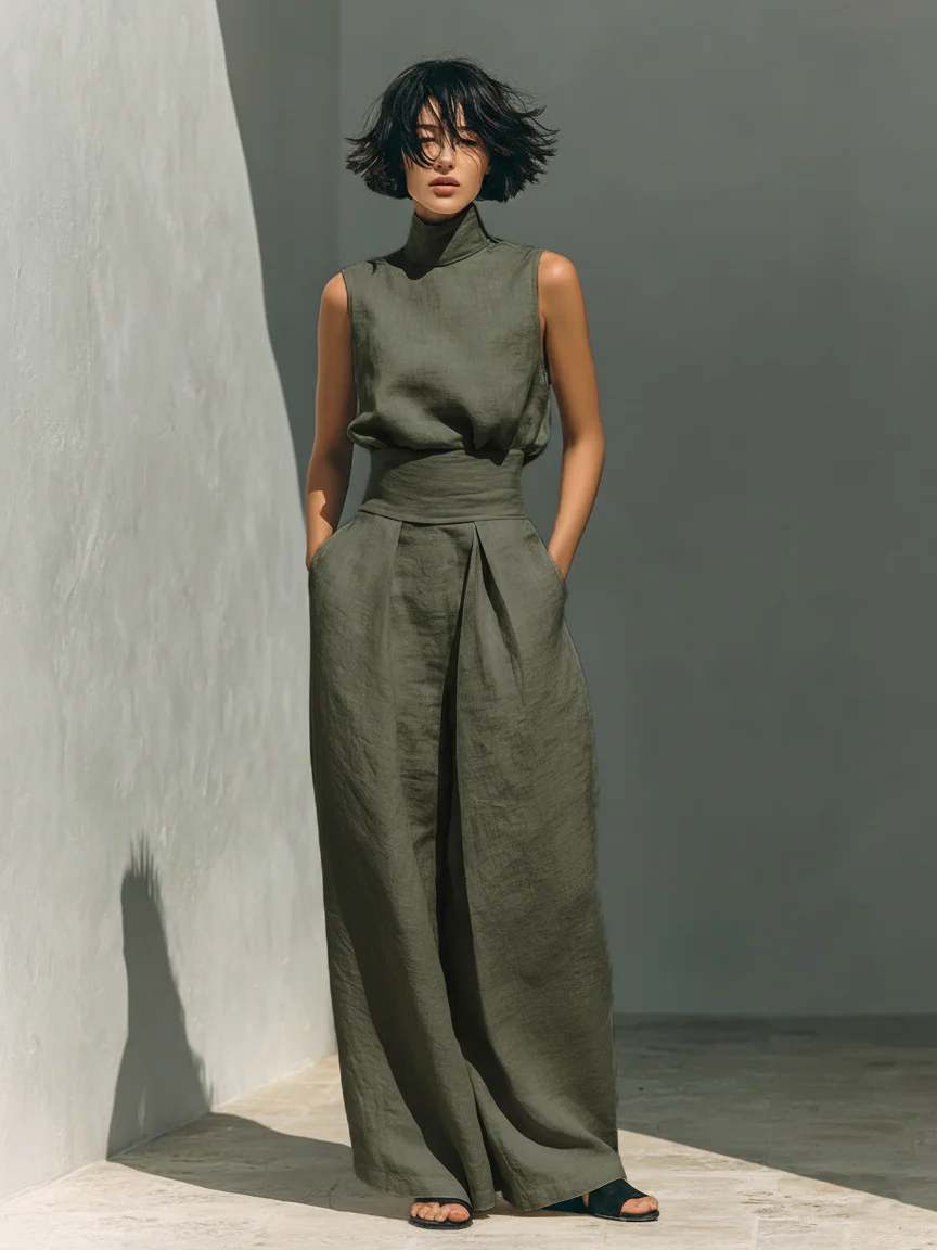 Lynette | High-Neck Cotton Top & Wide-Leg Trouser Set