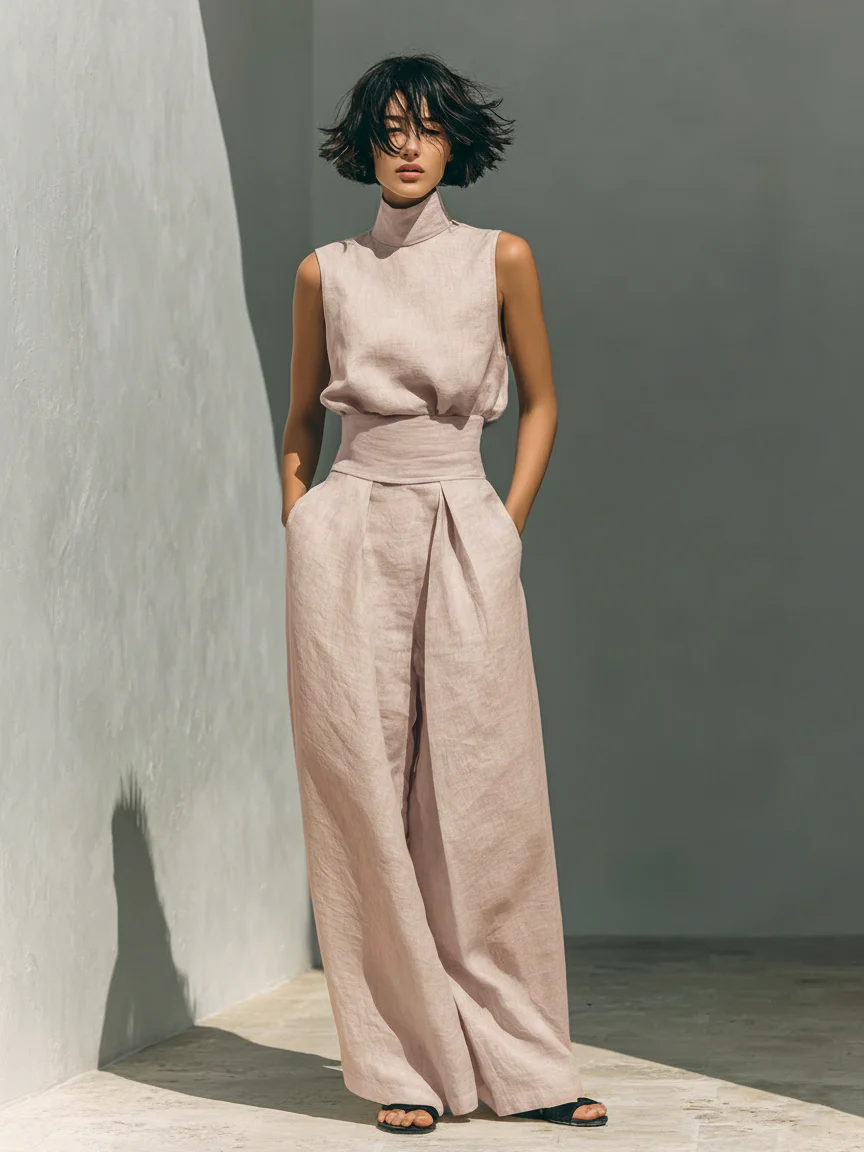Lynette | High-Neck Cotton Top & Wide-Leg Trouser Set