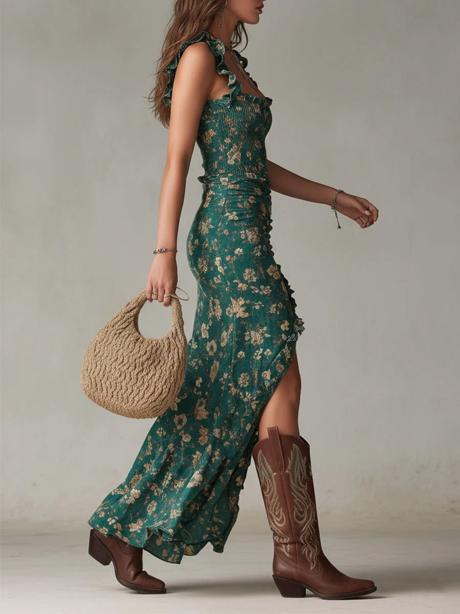 Ruby | Bohemian Floral Ruched Maxi Dress with Side Slit