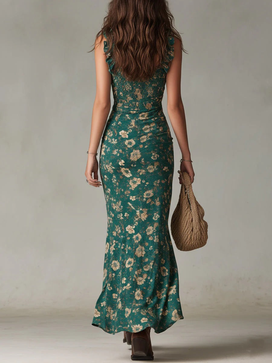 Ruby | Bohemian Floral Ruched Maxi Dress with Side Slit